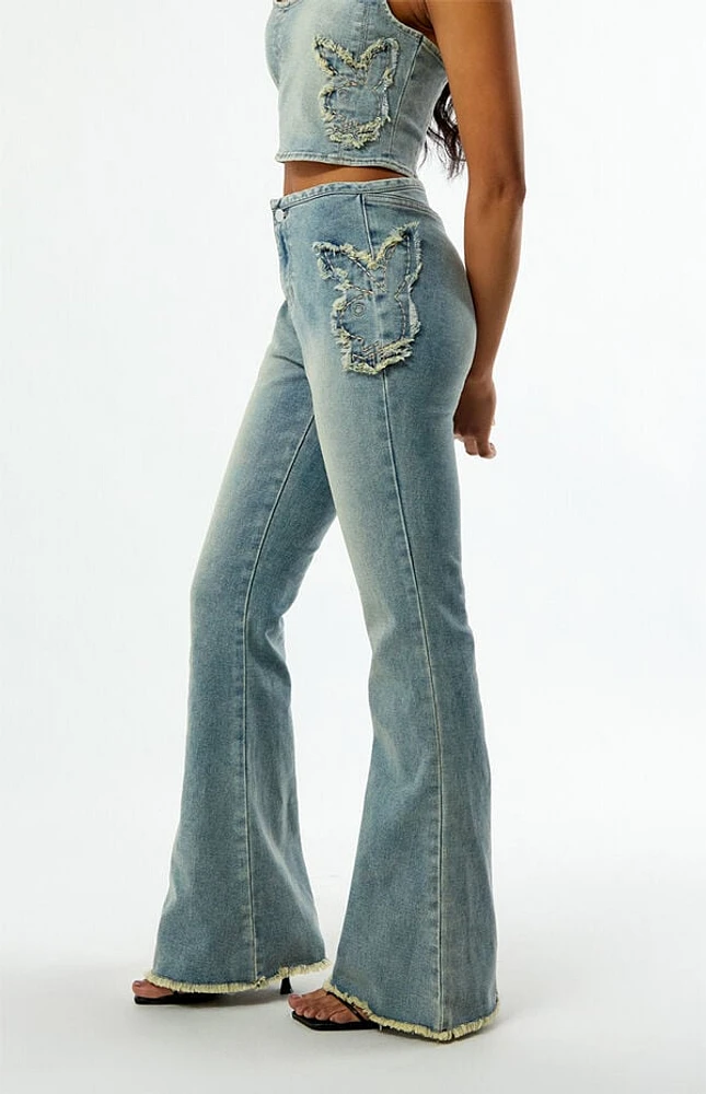 Playboy By PacSun Stretch Frayed High Waisted Flare Jeans