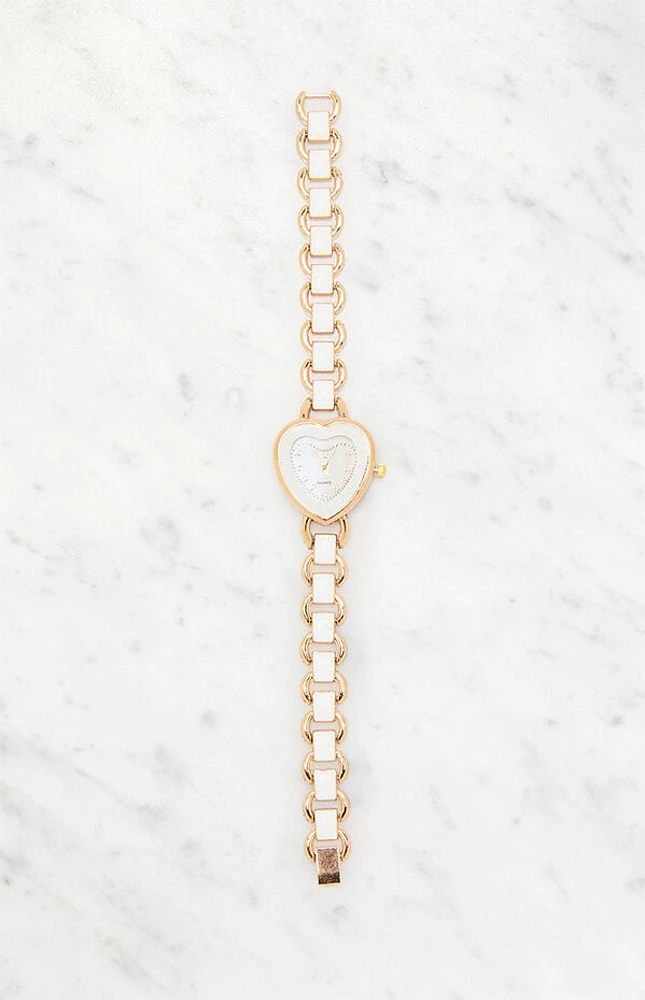 LA Hearts Gold & White Metal Heart Watch