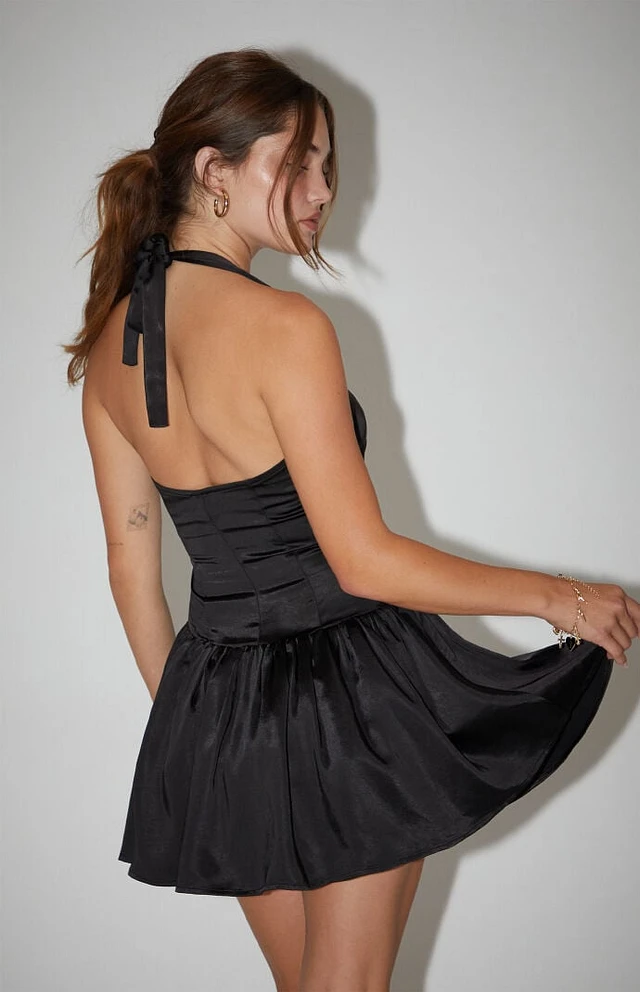 Beverly and Beck Satin Halter Drop Waist Mini Dress | Liberty Center