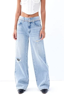 Pacsun Cali Light Indigo Rhinestone Ripped Baggy Boyfriend Jeans