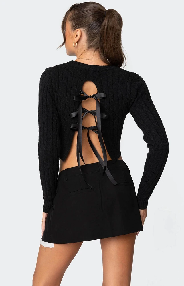 Edikted Bow Back Cropped Cable Knit Sweater