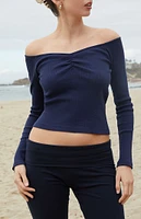 John Galt Navy Off-The-Shoulder Cinched Long Sleeve Top