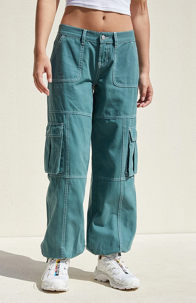 Green Low Rise Wide Leg Cargo Pants