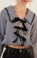 LA Hearts Gingham Collared Tie Long Sleeve Top