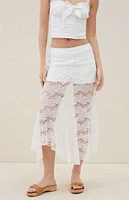 Beverly and Beck Sheer Asymmetrical Lace Midi Skirt