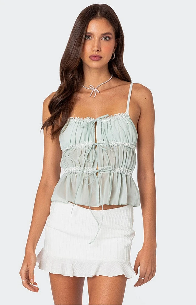 Edikted Addy Tie Front Sheer Chiffon Top