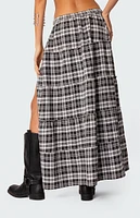 Edikted Plaid Side Slit Tiered Maxi Skirt