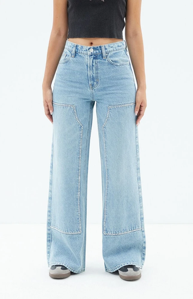 PacSun Nora Indigo Rhinestone Wide Leg Carpenter Jeans