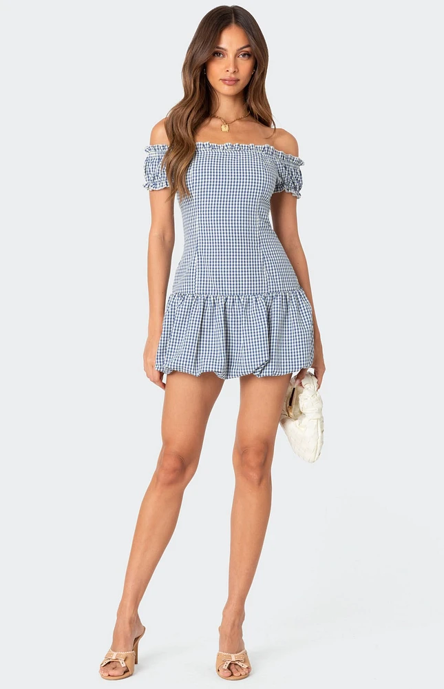 Edikted Gingham Off Shoulder Bubble Mini Dress