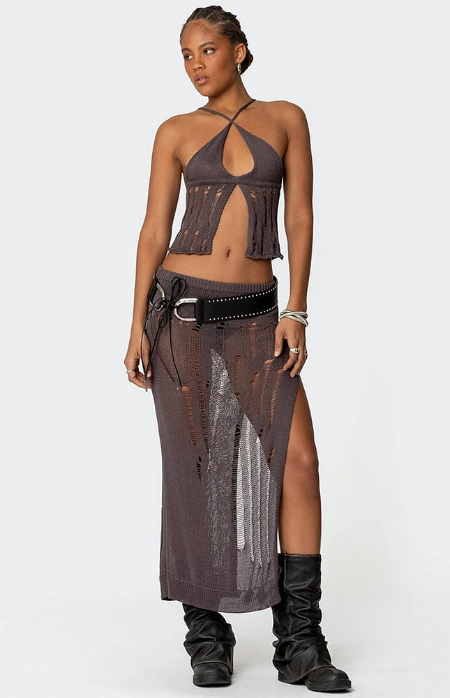 Edikted Jaynie Distressed Knit Maxi Skirt