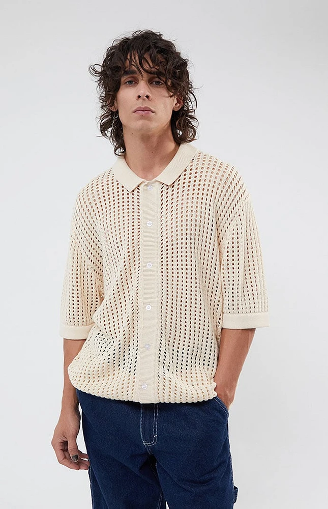 PacSun Off White Open Knit 2.0 Woven Camp Shirt