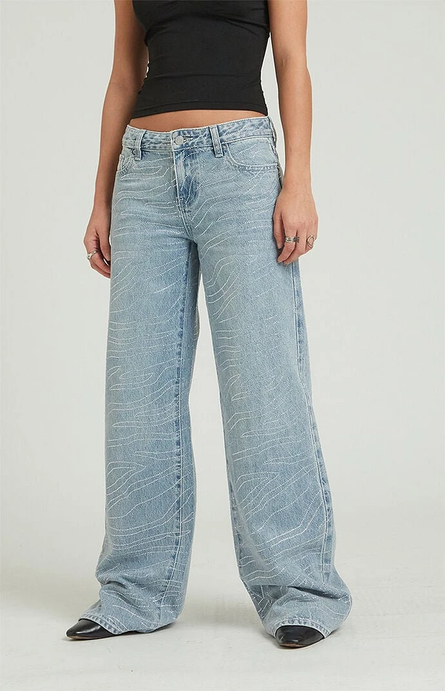 PacSun Casey Light Indigo Rhinestone Zebra Low Rise Baggy Jeans