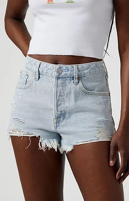 PacSun Light Indigo Ripped Button Fly High Waisted Denim Festival Shorts