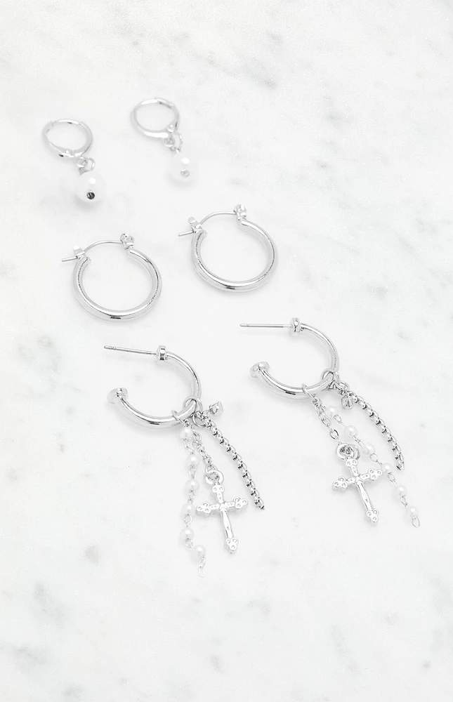 3 Pack Pearl Cross Hoop Earrings