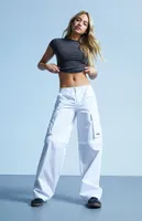 White Zip Off Low Rise Puddle Pants