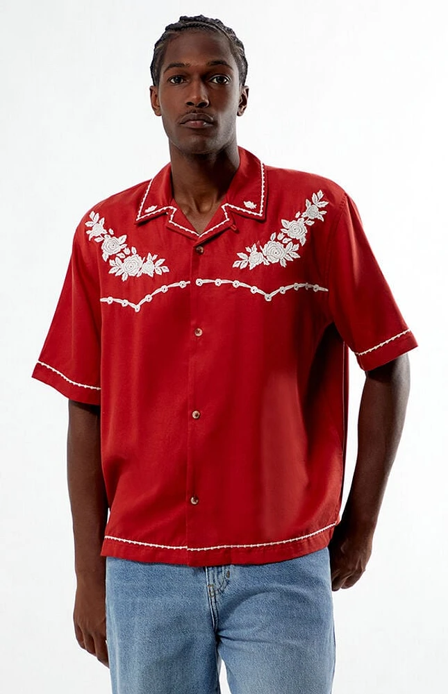 Pacsun Red Western Embroidered Oversized Resort Camp Shirt
