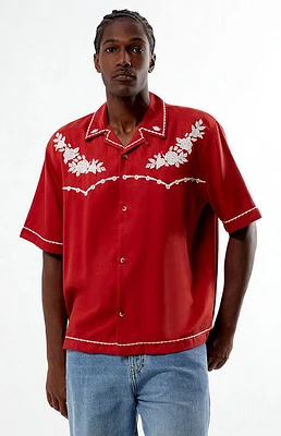 Pacsun Red Western Embroidered Oversized Resort Camp Shirt