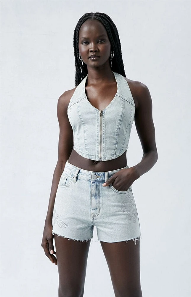 Pacsun Eco Light Indigo Studded High Waisted Denim Festival Shorts