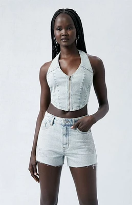 Pacsun Eco Light Indigo Studded High Waisted Denim Festival Shorts