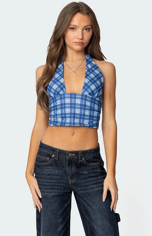 Edikted Plaid Printed Halter Top