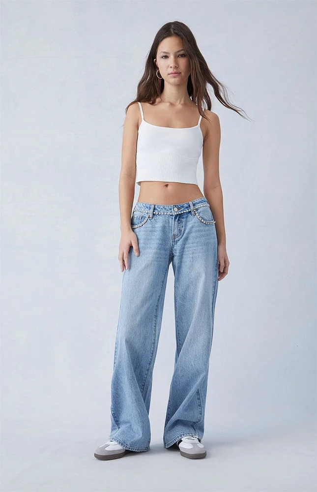 PacSun Light Indigo Rhinestone Low Rise Wide Leg Jeans