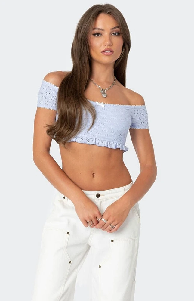 Edikted Off Shoulder Eyelet Crop Top
