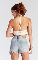 PacSun Light Indigo Button Fly Ripped High Waisted Denim Festival Shorts