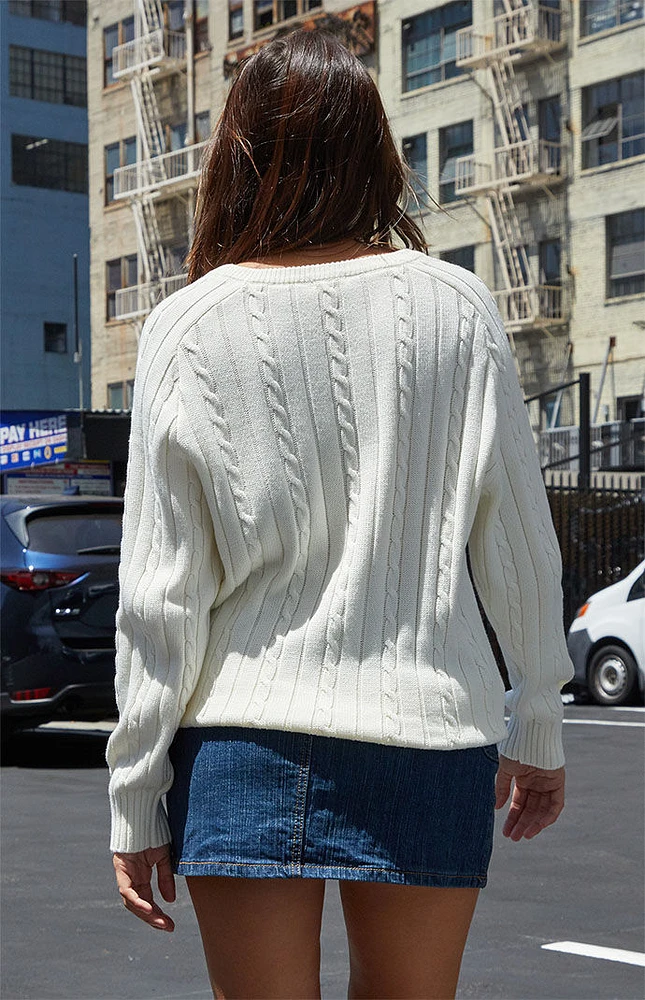 White Cable Knit V-Neck Sweater