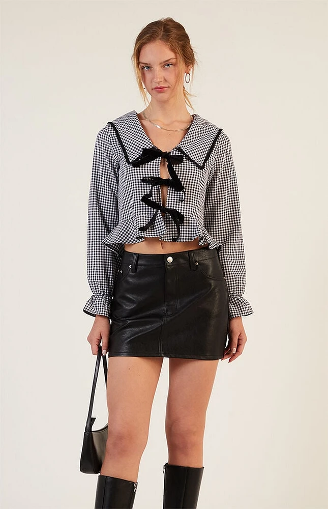 LA Hearts Gingham Collared Tie Long Sleeve Top