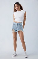 PacSun Light Indigo Rhinestone Ripped High Waisted Denim Festival Shorts