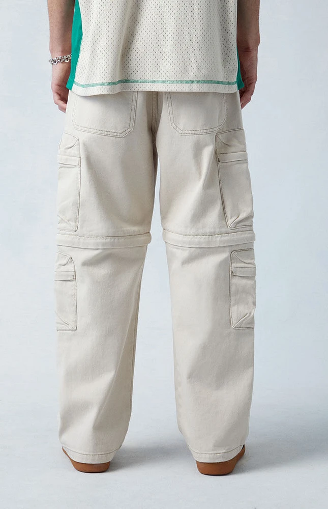 Cream Baggy Cargo Zip-Off Jeans