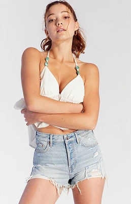 PacSun Light Indigo Button Fly Ripped High Waisted Denim Festival Shorts