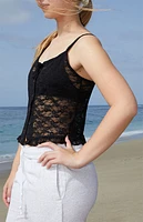 John Galt Black Button Front Lace Top