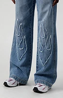 Pacsun Casey Frayed Flame Patch Low Rise Baggy Jeans Medium Indigo