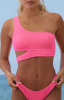 Salero Swim Hot Pink Crinkle Scrunch One Shoulder Tank Bikini Top