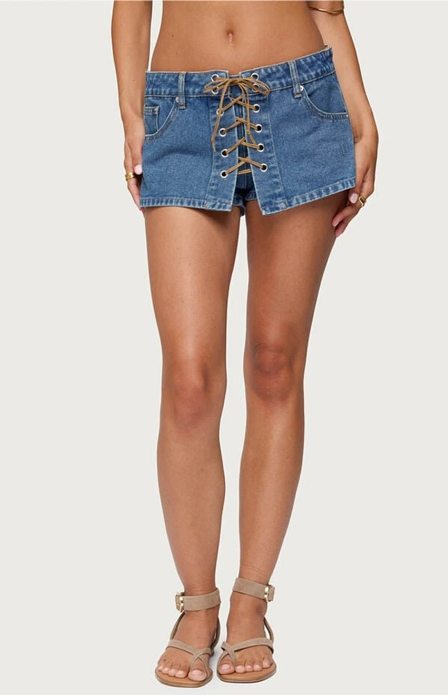 Edikted Olivera Lace Up Denim Mini Skort