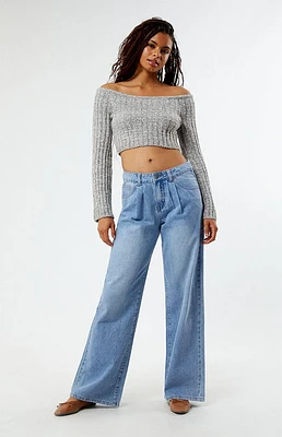 Light Blue Pleated Low Rise Baggy Jeans