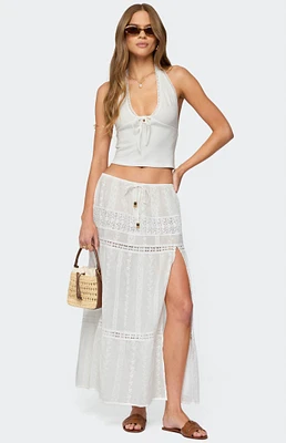 Edikted Embroidered Cotton Lace Slit Maxi Skirt
