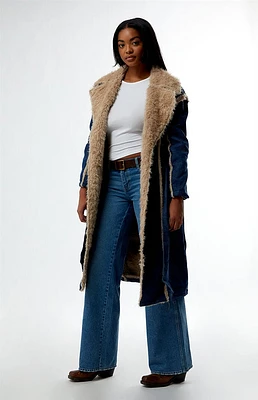 Daisy Street Denim Faux Fur Trim Trench Coat