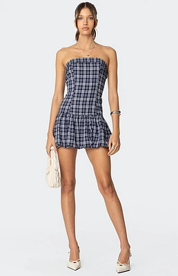 Edikted Plaid Strapless Bubble Mini Dress