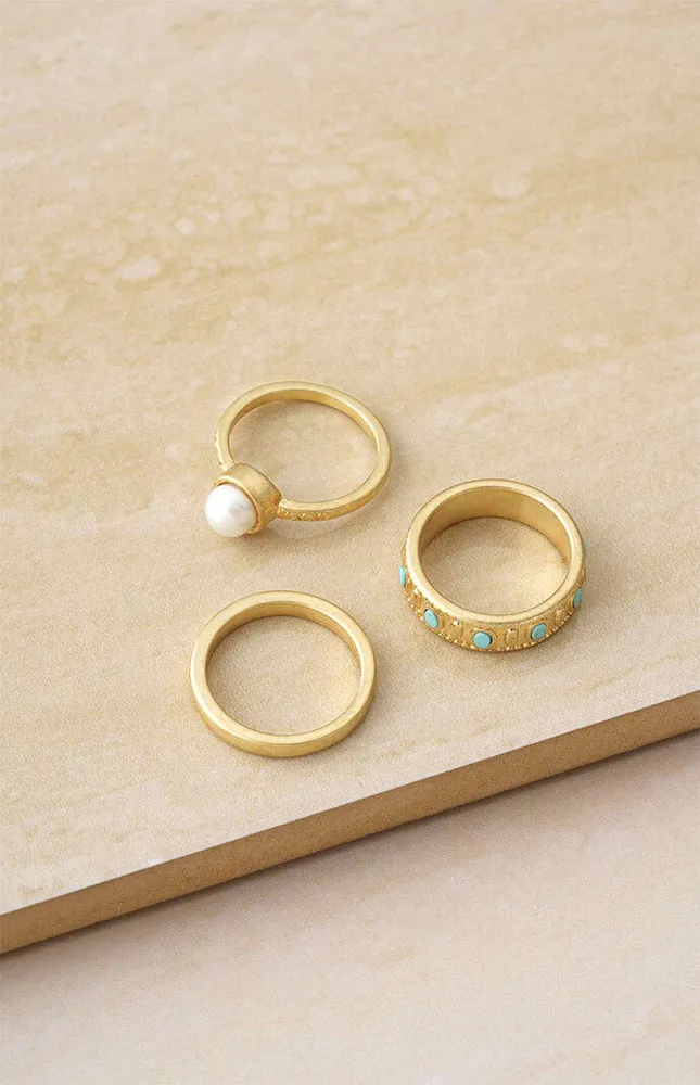 3 Pack Turquoise Pearl Worn Rings