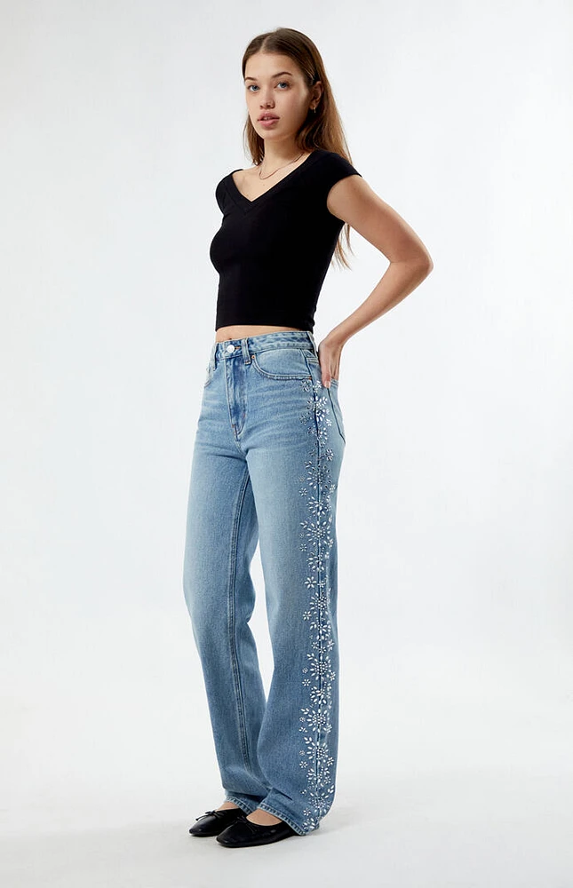 Medium Indigo Floral Rhinestone '90s Boyfriend Jeans