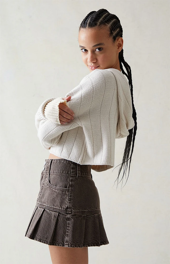 Eco Brown Low Rise Pleated Denim Skirt