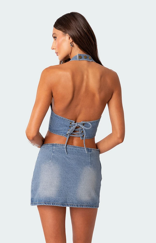 Edikted Katrina Lace Up Denim Corset