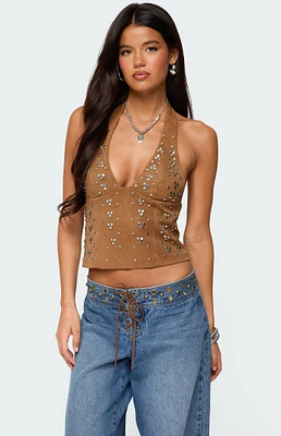 Edikted Xaria Studded Faux Suede Halter Top