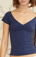 John Galt Navy Scrunch Off-The-Shoulder Top