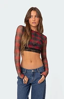 Edikted Noel Plaid Printed Mesh Crop Top