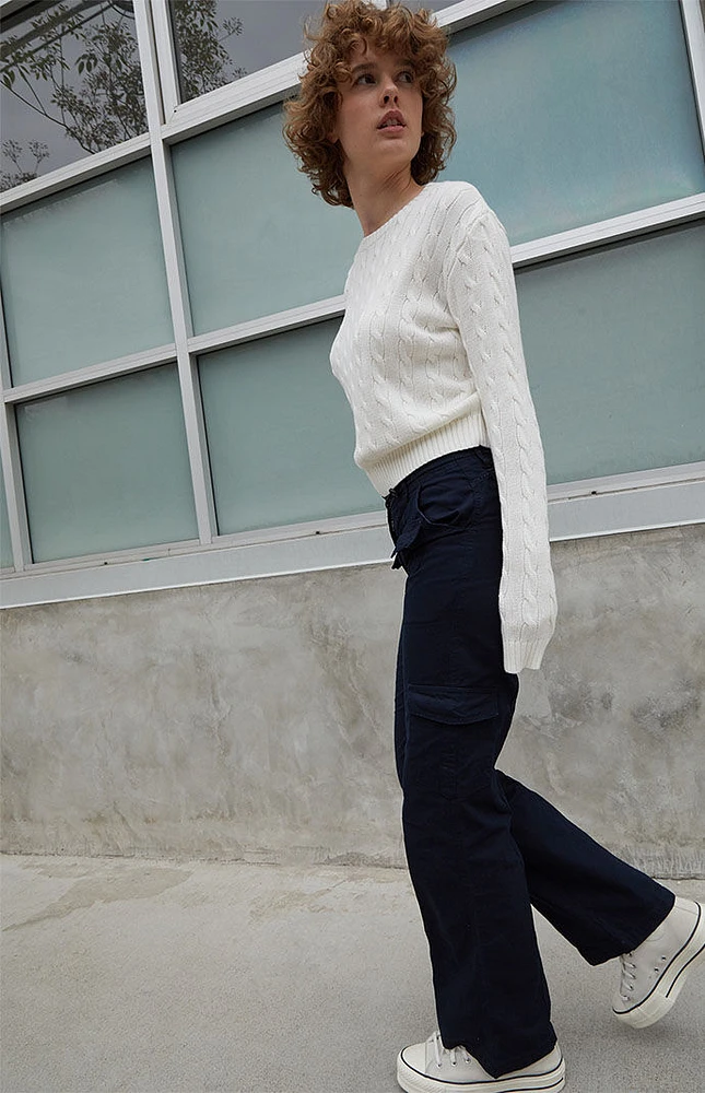 White Cable Knit Cropped Sweater