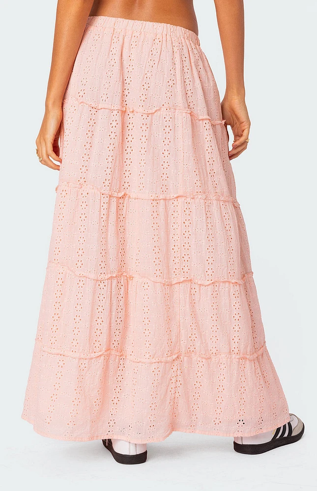 Tiered Eyelet Slitted Maxi Skirt