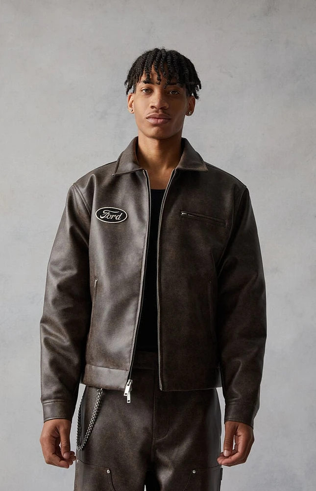 FORD Faux Leather Bull Zip Up Jacket